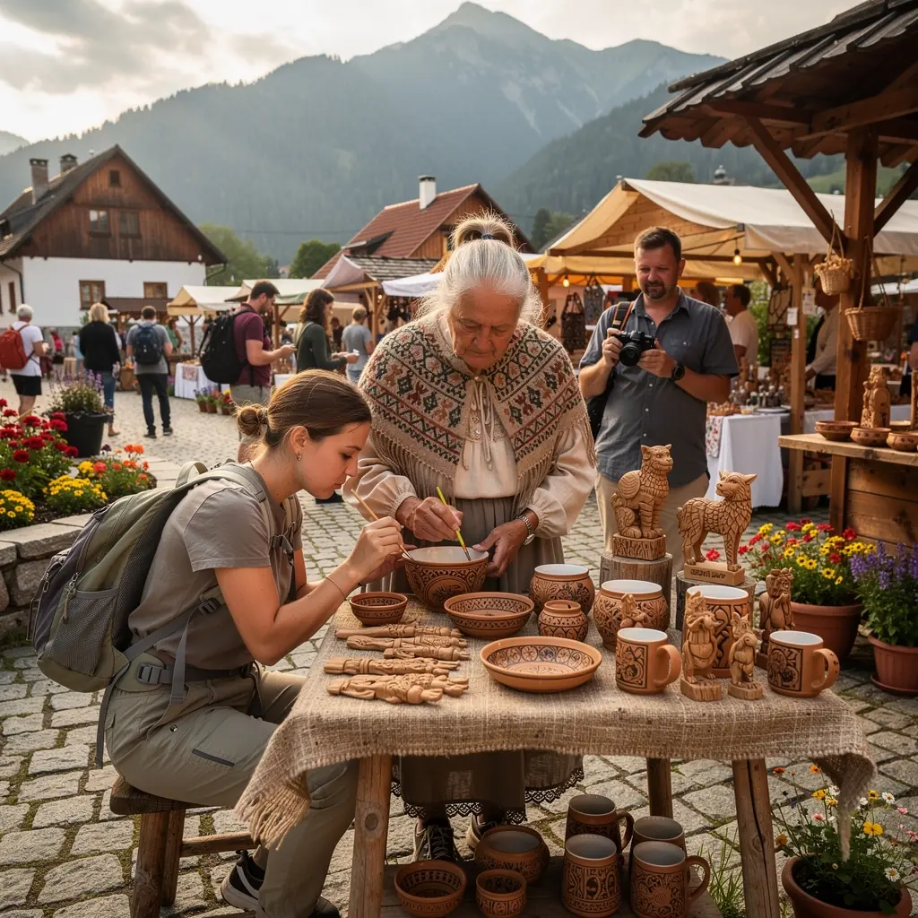 An array of handmade crafts and artisanal products displayed by local artisans at a vibrant market.