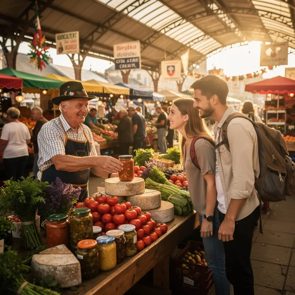 A vendor happily serving traditional Slovak dishes to enthusiastic tourists at a lively food festival.
