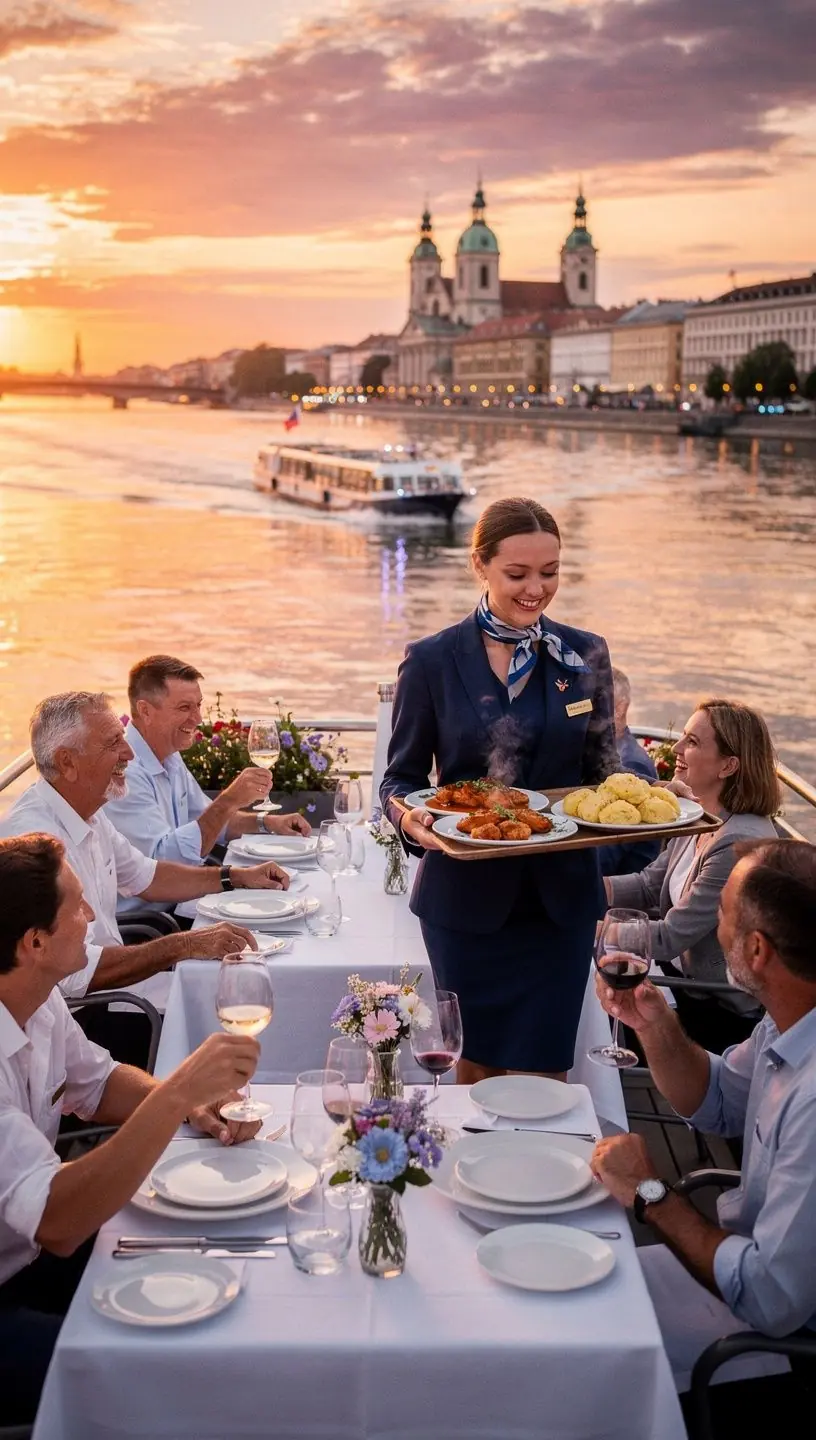 Tourists sampling delicious street food while exploring the vibrant atmosphere of a Slovak food market.