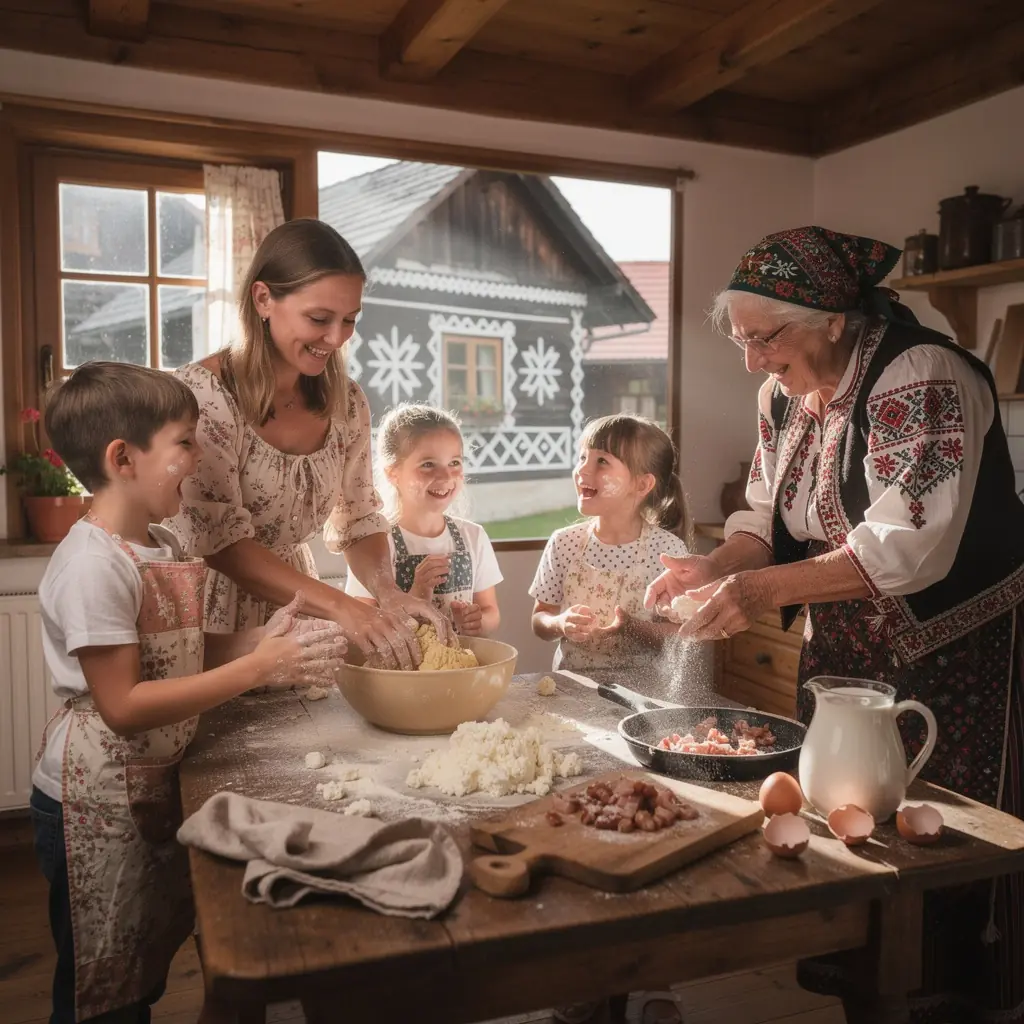 A close-up of traditional Slovak pastries being prepared by a skilled baker at a local food stall.