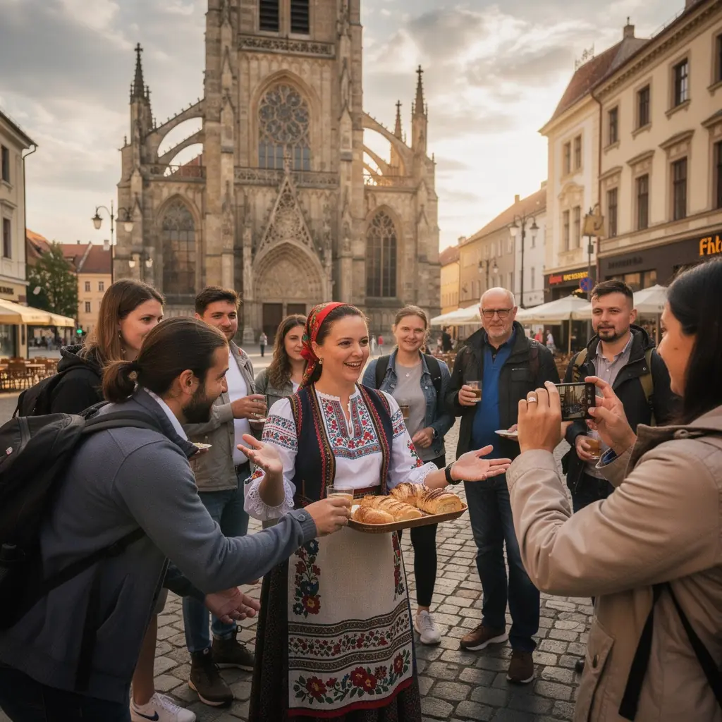 A group of travelers enjoying a guided food tour, engaging with friendly vendors and tasting authentic Slovak cuisine.