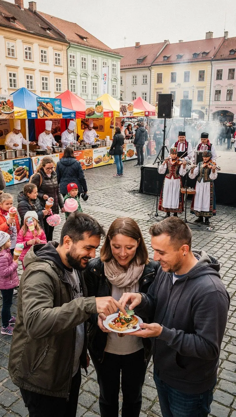 A bustling outdoor market in Slovakia showcasing colorful stalls filled with fresh produce and local delicacies.